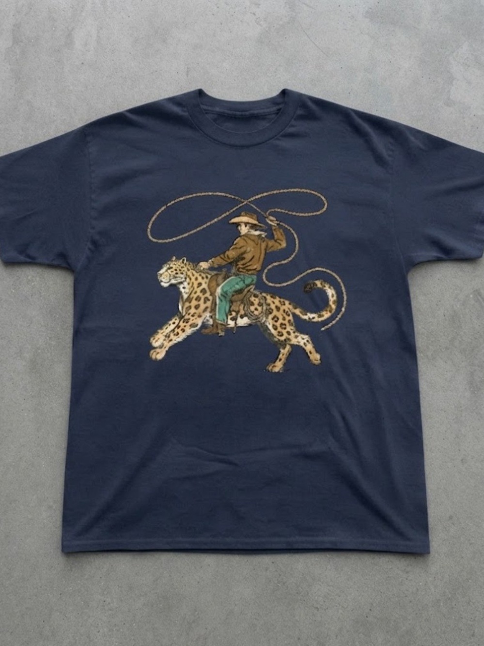 Cowboy Riding Leopard Graphic Tee Navy Blue Cotton Gildan T-shirt